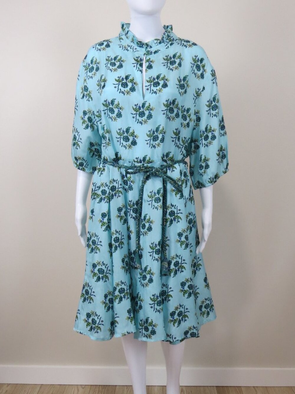 HANNAH Artwear Gaia Belted 100% Silk Dress SIZE 3 (US 10) Blue Green Floral